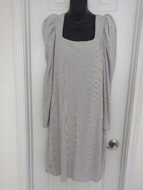 Express Light Gray Ribbed Puff-Sleeve Midi Dress